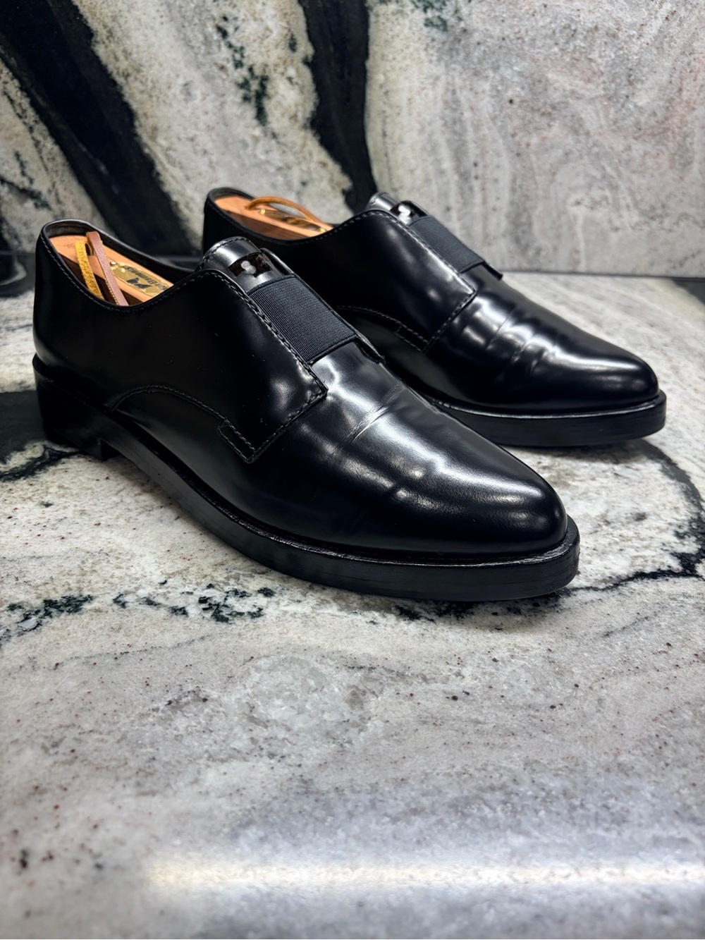 Tory Burch Black Patent Leather Elastic Strap Loafers Shoes 7.5M Italy